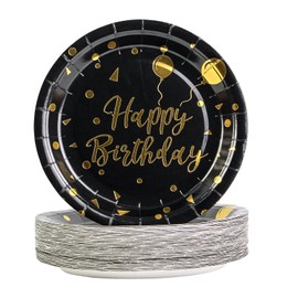 BOKFJBP 50 Pack Party Paper Plates 9 inch Happy Birthday Black and Gold Party Paper Plates Set,Disposable Dinner Plates Party Tableware for Graduation, Birthday Decorations, Christmas