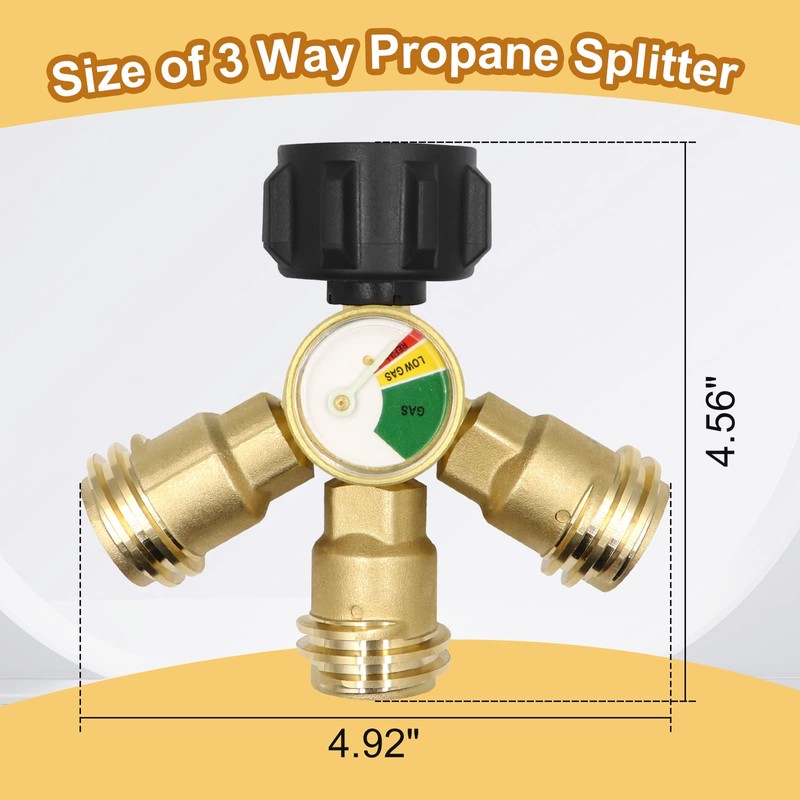 Aekops 3 Way Propane Splitter QCC/POL with Gauge and Shut-Off