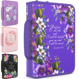 Bible Covers for Women Large Medium Size by DEHITE - Bible Case Carrying Bag Fits Book 10.1 x 7 x 1.9 Inches - Purple Floral Bible Holder with Pockets - Christian Confirmation Recovery Gift Accessory