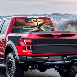 Generic American Flag Eagle Truck Rear Window Decal, Ocean Christian Cross Patriotic Decor Animal Print Perforated Vinyl Sticker, Truck Window Decal, 66x20 Fit Most Pickup Truck SUV Cars