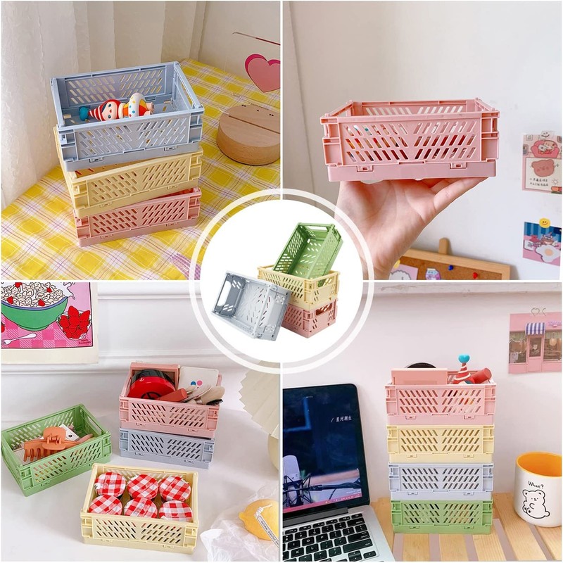 Plastic Folding Baskets - 4Pcs Mini Storage Crates for Desk,
