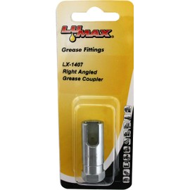 LUMAX LX-1407 Black Right-Angled Grease Coupler. Designed for 90° Access onto Grease Fittings. Slips/Slides onto Grease Fitting from Side. Hardened Precision-Fit Jaws for Long Service Life.