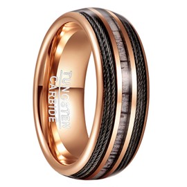 CHALAIR Men's Ring 8mm with Antler and Black Guitar String Inlay Rosegold Domed Polished Tungsten Wedding Band Size O