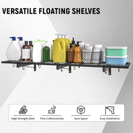 Garage Wall Shelves, 46"X12.5" Garage Shelving Wall Mounted, Heavy Duty Shelf Storage Rack with 4 Hooks, Black Organizer Floating Metal Shelf 160 LBS Capacity for Office, Basement, Laundry Room