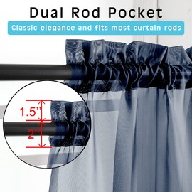 OWENIE Navy Blue Sheer Kitchen Valance for Windows Set of 2, Small Modern Rod Pocket Voile Valance Curtain Window Treatment Decor for Living Room Bathroom Cafe Laundry Basement, 42" W x 14" L