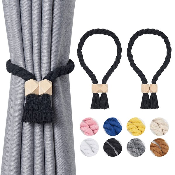 Pretty Jolly 2 Pack Wooden Polyhedron Magnetic Curtain Tiebacks Boho Home Decor Drape Tie Backs Natural Cotton Hand Woven Rope Curtain Holdbacks for Home & Office Window Draperies (Black)
