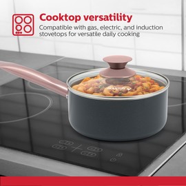 Holstein Housewares 2.5QT Ceramic Non-Stick Saucepan, Easy to Clean Ceramic Coating, Stainless Steel Handles, Glass Lid. Multipurpose Kitchen Cooking Pot