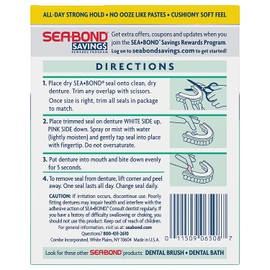 Sea Bond Secure Denture Adhesive Seals, Fresh Mint Lowers, Zinc Free, All Day Hold, Mess Free, 30 Count