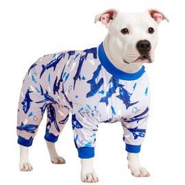 LovinPet Lovinpet Dog Onesies - Dog Pajamas for Large Dogs, Lightweight Fabric, Fintastic Blue Print, Dog Clothing, UV Protection, Easy Wearing Adorable Dog Clothes, Dog Onesie,Blue Shark L