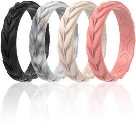 ThunderFit Silicone Wedding Bands for Women - Breathable Leaf Design 5.2mm Wide 2mm Thick - 1/4/7 Variety Multipack (Pack G - Size 7.5-8 (18.2mm))