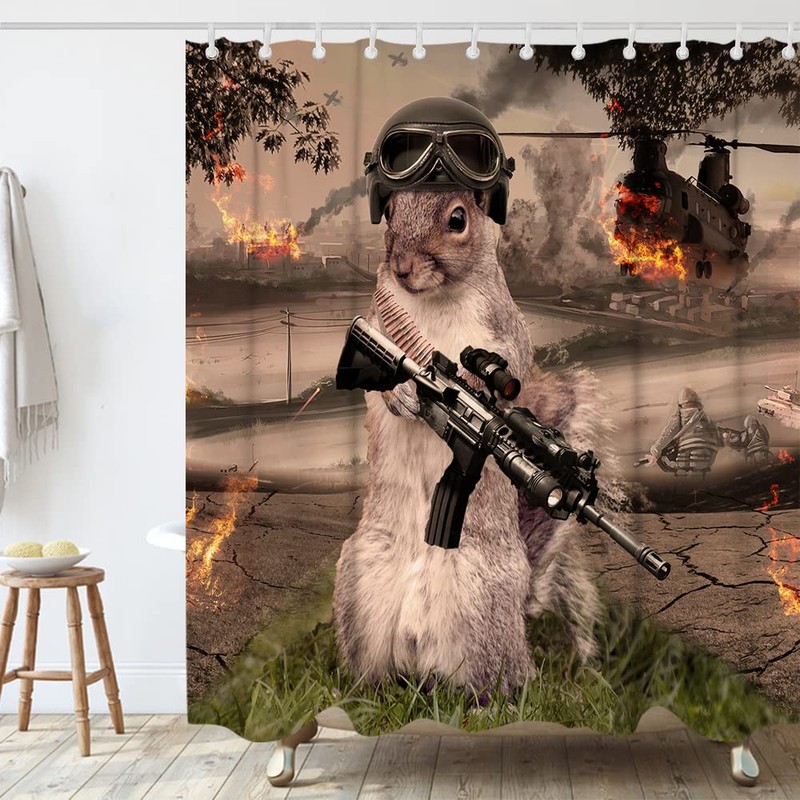 Funny Squirrel Warrior Theme Bathroom Bathtubs Fabric Shower Curtains Helicopter