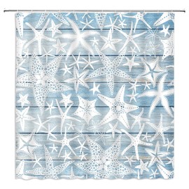 FILMILIL Starfish Shower Curtain Beach Ocean Coastal Marine Life Cartoon Abstract Nautical Watercolor Vintage Blue Wooden Plank Summer Boys Bathroom Curtain Set Polyester Fabric Hooks 70 X 70 Inch