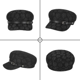 Meyaus Women Summer Autumn Spring Belt Buckle Thin Lace Newsboy Cap Visor Flat Top Painter Hat Black