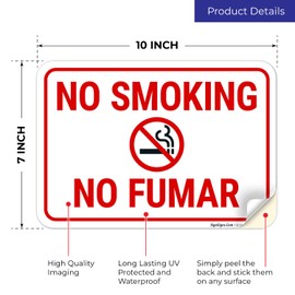 No Smoking Bilingual Sign, 10x7 Inches, 4 Mil Vinyl Decal Stickers Weather Resistant, Made in USA