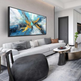 Abstract Canvas Wall Art for Living Room, Blue and Gold Wall-Decor for Bedroom, Picture Print for Home, Large Size 29x59 Inches Framed