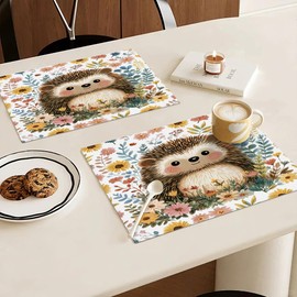 Cute Hedgehog Placemats Set of 6, 12x18 Inch Spring Flower Table Place Mat Animal Washable Non-Slip Heat Resistant Fabric Placement Mats for Dining Kitchen Indoor Outdoor Decor