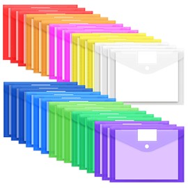 EOOUT 30 Pack 10 Color Plastic Envelopes Poly Envelopes, Hook & Loop Closure File Folders Clear Document Folders File Envelopes with Label Pocket A4 Size