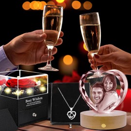 Preserved Real Rose Flowers with I Love You Necklace, Customizable 3D Crystal Photos, Romantic Gifts for Women Mom Wife on Anniversary Christmas Valentines Mothers Day (Red, Heart Crystal)