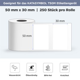 SUPVAN Katasymbol T50M Pro Label Tape Paper, Waterproof Labels for Home, School, Office, 50 mm x 30 mm, 250 Labels/Roll (White)