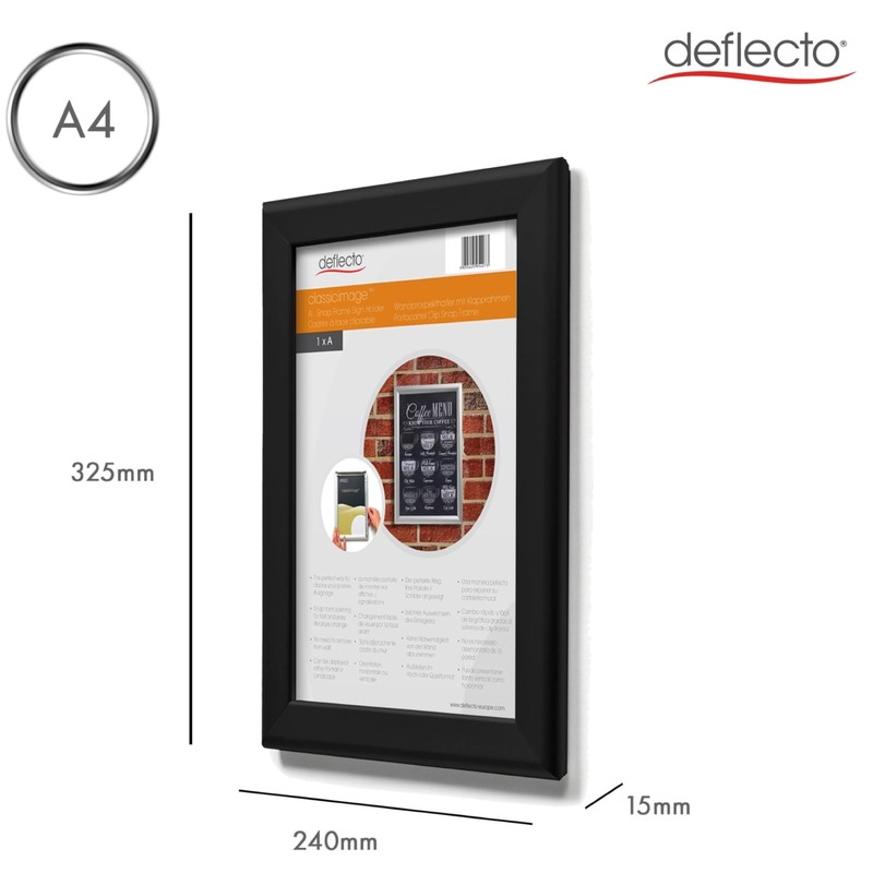 Deflecto A4 Snap Frame - Elegant Black Aluminium Clip Frame