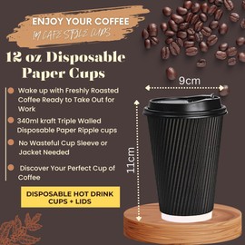 Ripple Paper Coffee Cups-25-Pack Strong and Lightweight Disposable Coffee & Tea Cups - 3 Ply Insulated Elegant Paper Cups for Office,Party,Camping,Travel-(12oz) Recyclable Hot Drink Cups