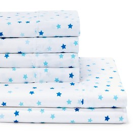 American Home Collection 6 Pieces Printed Bed Sheet Set Brushed Microfiber Wrinkle Free 14 Inches Deep Pocket Patterned Sheets (Full, Blue Stars)