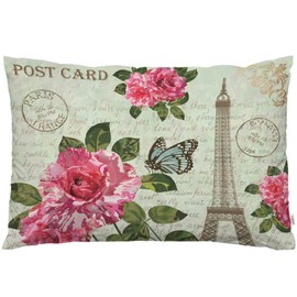 EKOBLA Throw Pillow Cover Eiffel Tower Vintage French Postcard Love Paris Romantic Flowers Butterfly Decor Lumbar Pillow Case Cushion for Sofa Couch Bed Standard Queen Size 20x30 Inch