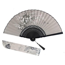 Wobe Grassflowers Folding Hand Held Fans - with a Fabric Sleeve for Protection - Womens Hand Fan Chinese/Japanese Vintage Style Handheld Folding Fan Home Decorations Baby Shower (Gray)