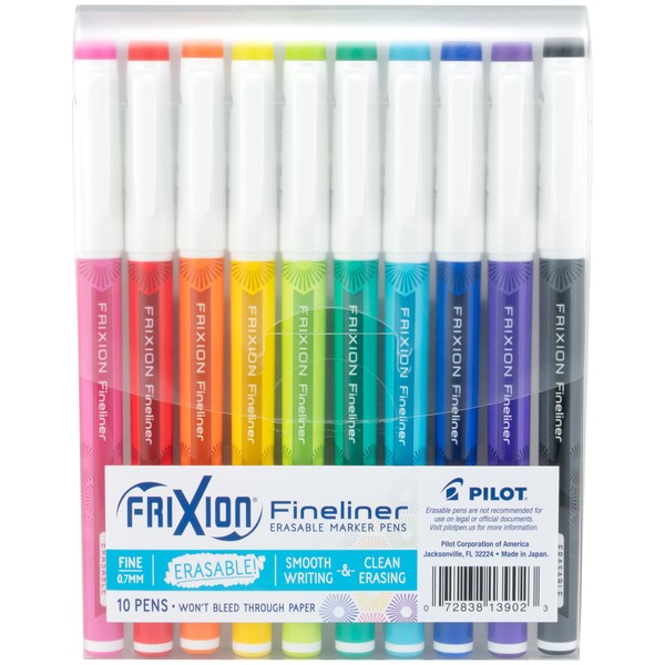 Pilot, FriXion Fineliner Erasable Marker Pens, Fine Point .5 mm, Pack of 10, Assorted Colors