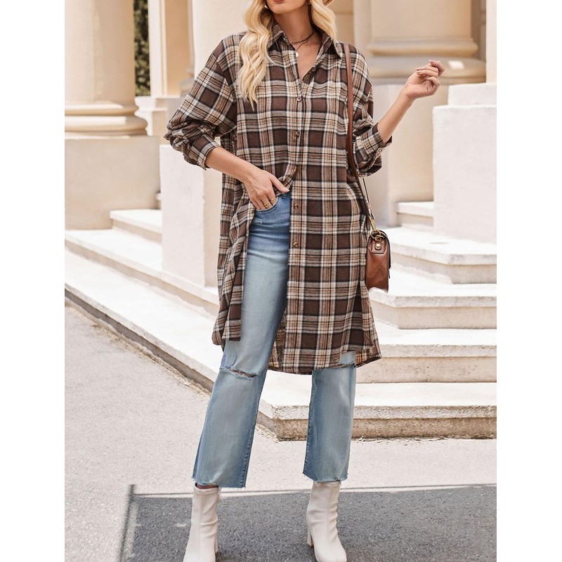 Bozanly Oversized Mid Long Plaid Flannel Shirts for Women Lapel