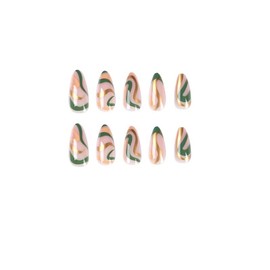 Medium Almond Press On Nails, Glossy Green & Gold Minimalist Line Design, Full Cover Stick-On Nails, 12 Sizes, 24 Pcs Manicure Kit for Women, Spring & Summer Wear