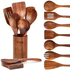 Juego de Utensilios de Cocina de Madera de Teca,9 Piezas con Cucharas Cocina, Palas de Cocina, Reposacucharas y Soporte, Cucharas de Madera Cmodas... 