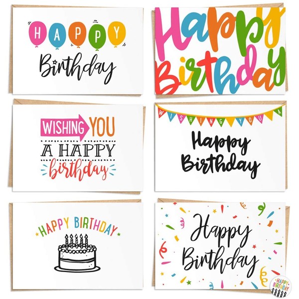 120 Pack Happy Birthday Cards - Bulk Set Includes 6 Designs, Craft Paper Envelopes and Labels Included, 4 x 6 Inches
