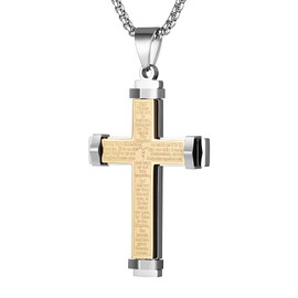 HZMAN Stainless Steel Men's Large Cross Necklace Lord's Prayer Pendant, Stainless Steel, No Gemstone