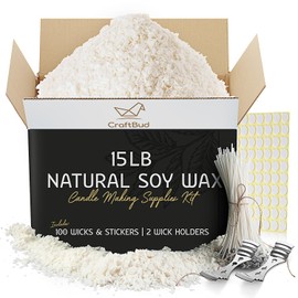 CraftBud Soy Candle Wax for Candle Making – Natural Soy Wax for Candle Making 15 lb Bag, Candle Making Wax, 15 Lbs. Soy Wax Flakes, 100 Candle Wicks, 100 Wick Stickers, and 2 Metal Centering Devices