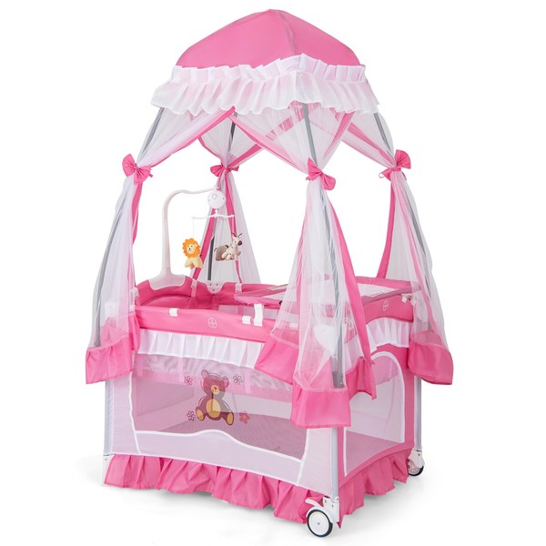 HONEY JOY 4-in-1 Pack and Play with Canopy, Portable Baby
