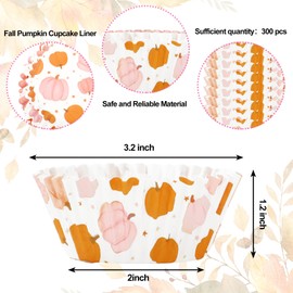 Whaline 300Pcs Fall Cupcake Liner Pink Orange Pumpkin Star Paper Baking Cup Autumn Harvest Muffin Cupcake Wrapper for Thanksgiving Party DIY Crafts Supplies, 2 x 1.2 Inch