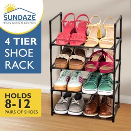 Sundaze Shoe Rack - 4 Tier Shoe Rack for Closet, Sturdy Stackable Shoe Organizer for Closet, Bedroom, Entryway, Garage, Non Woven Fabric Shelf, Black, Holds 8-12 Pairs