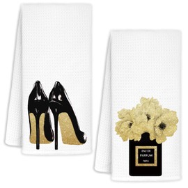 AQYIP Gold and Black Towels for Bathroom Kitchen Decor, Funky Modern Perfume and High Heels Decorative Hand Towels for Girls Bathrooms Dorm, Trendy Girly Bathroom Decor, 16x24 Inch Set of 2