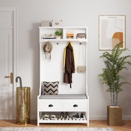 Ball & Cast Versatile Wood Entryway Coat Hanger with Bench, 4-in-1 Hall Tree Shoe Storage-Bench with 2 Drawers & Top Open Shelf & Hooks & Upholstered Seat, Elegant Entrance Coat-Rack, White