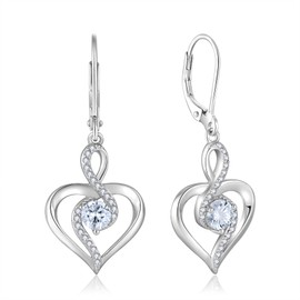 Oskani Heart Birthstone Dangle Earrings for Women, 925 Strlings Silver 5A Cubic Zircon Leveback Earrings Jewelry Birthday Anniversary for Her, Cubic Zirconia Sterling Silver, Cubic Zirconia