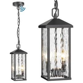 Starcurin Outdoor Pendant Lights for Porch Chandelier Outdoor Pendant Lights Dusk to Dawn, 2-Light Modern Hanging Porch Lights Exterior Hanging Light Fixture with Water Ripple Glass for Patio Gazebo