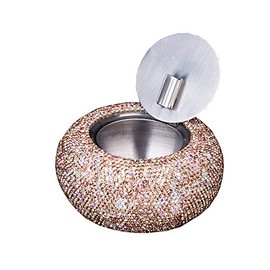Bestbling Rhinestone Ashtray with Lid, Flip Top Stainless Steel Tabletop Ashtray for Smokers, Desktop Smoking Ash Holder for Home & Office Decoration (Gold)