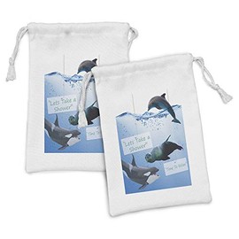Ambesonne Animal Fabric Pouch Set of 2, Lets Take a Shower and Time to Relax Texts and Whale Dolphin Seal Photo, Small Drawstring Bag for Toiletries Masks and Favors, 9" x 6", Pale Blue Multicolor