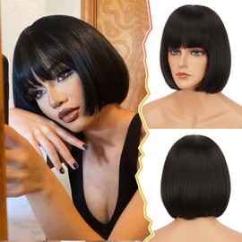 BARSDAR Brown Bob Wig with Bangs, 12 Inch Brown Wig for Women Natural Looking Short Brown Wig with Bangs Straight Bob Velma Wig Heat Resistant Synthetic Hair Wigs Daily Party- Dark Brown