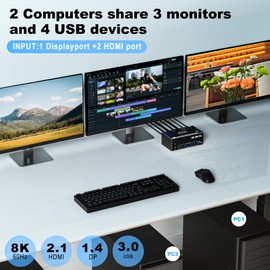 2HDMI+Displayport KVM Switch 3 Monitors 2 Computers 8K@60Hz 4K@144Hz,KVM Swtiches Triple Monitor for 2 PC Share 3 Monitor and 4 USB Port Support Extended & Mirrored Mode,Adapter and Cables Included
