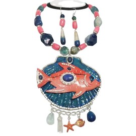 Hand Painted Seashell Gemstone Agate Coral Salmon Fish Necklace Earrings Bracelet One of a Kind