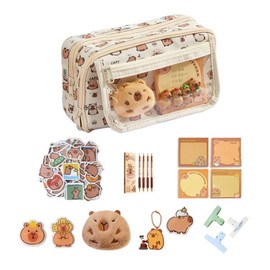 Ferizzia Capybara Stationery Set, Capybara Pencil Case with Large Capacity with Compartments, Stationery Set Suitcase, Cute Stationery Gift Set for Children, for Office, School, Pack of 58