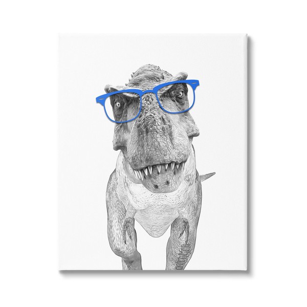 Stupell Industries Adorable Monochrome T-Rex Dinosaur Blue Glasses Illustration, Design