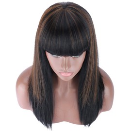 Kalyss Black Brown Highlights Wigs with Hair Bangs for Women Long Straight Natural Luster Heat Resistant Synthetic Hair Full Wigs